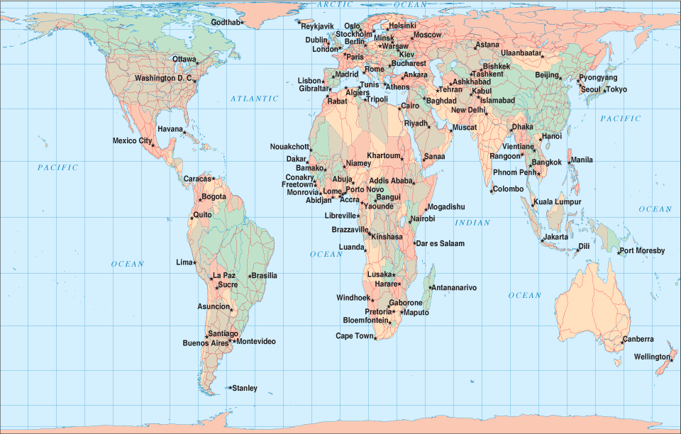 world map with countries and capitals. world map with capital cities